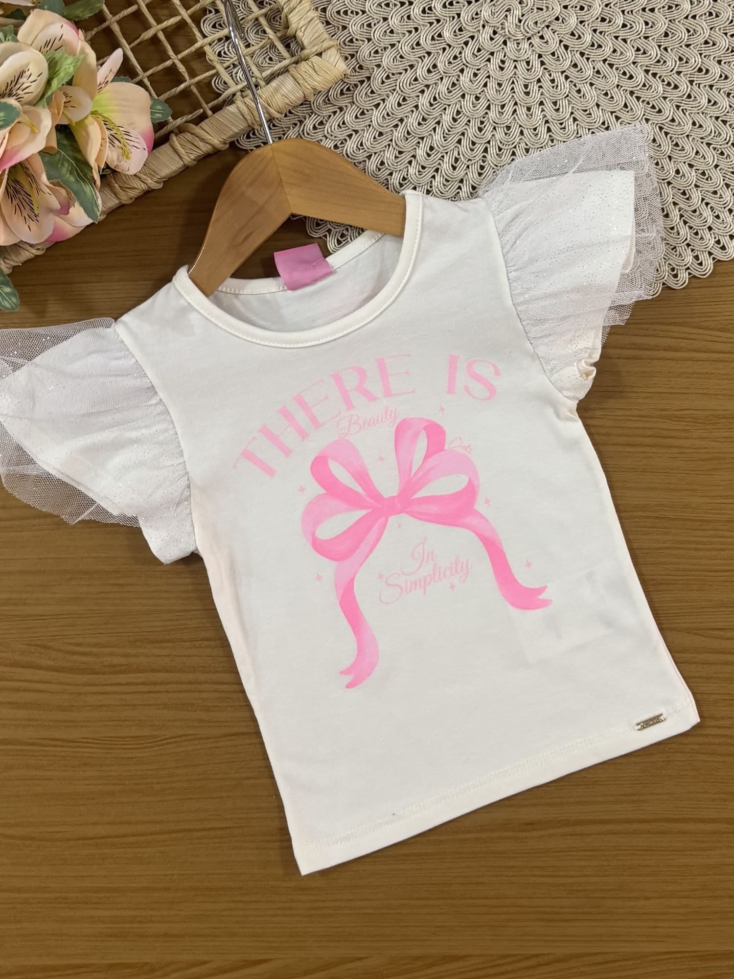 Conjunto Infantil Cinti Verão com Saia em Tule Verde e Blusa Branca Lacinho