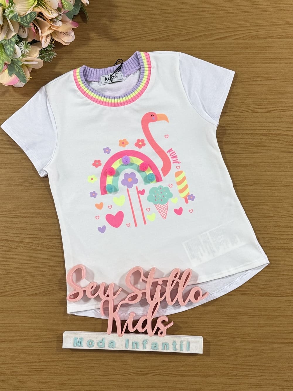 Blusa Infantil Kukie Verão Branca Flamingo Arco Iris