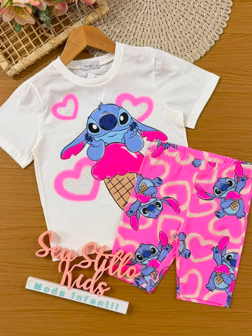 Conjunto Infantil Menina Momi Com Shorts Ciclista Rosa e Blusa Branca Stitch Sorvetinho Disney