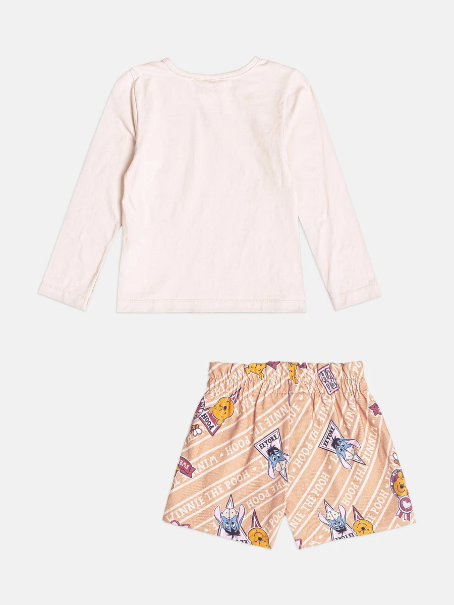 Conjunto Imfantil Momi Inverno com Shorts e Blusa Manga Longa Bege Ursinho Pooh Disney