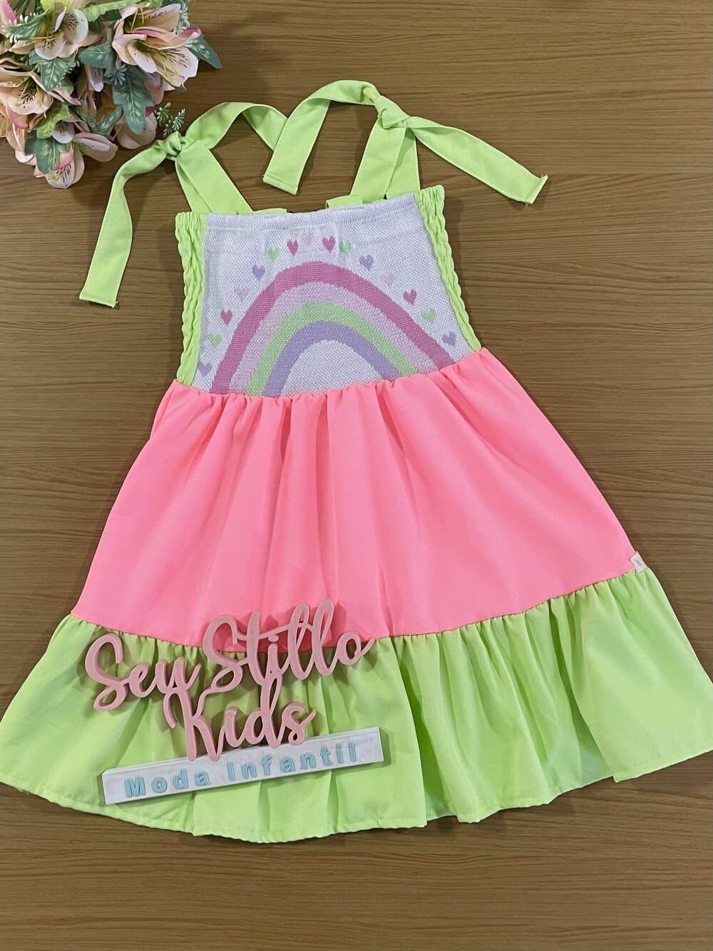 Vestido Infantil Kukie Verão Verde e Rosa Arco-íris