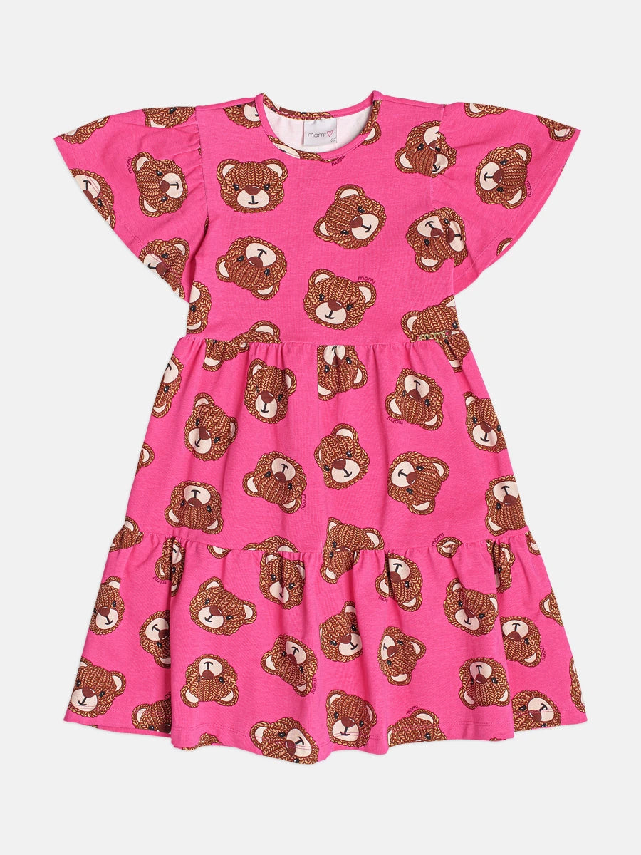 Vestido Infantil Momi Inverno Rosa Escuro Ursinhos Tricote