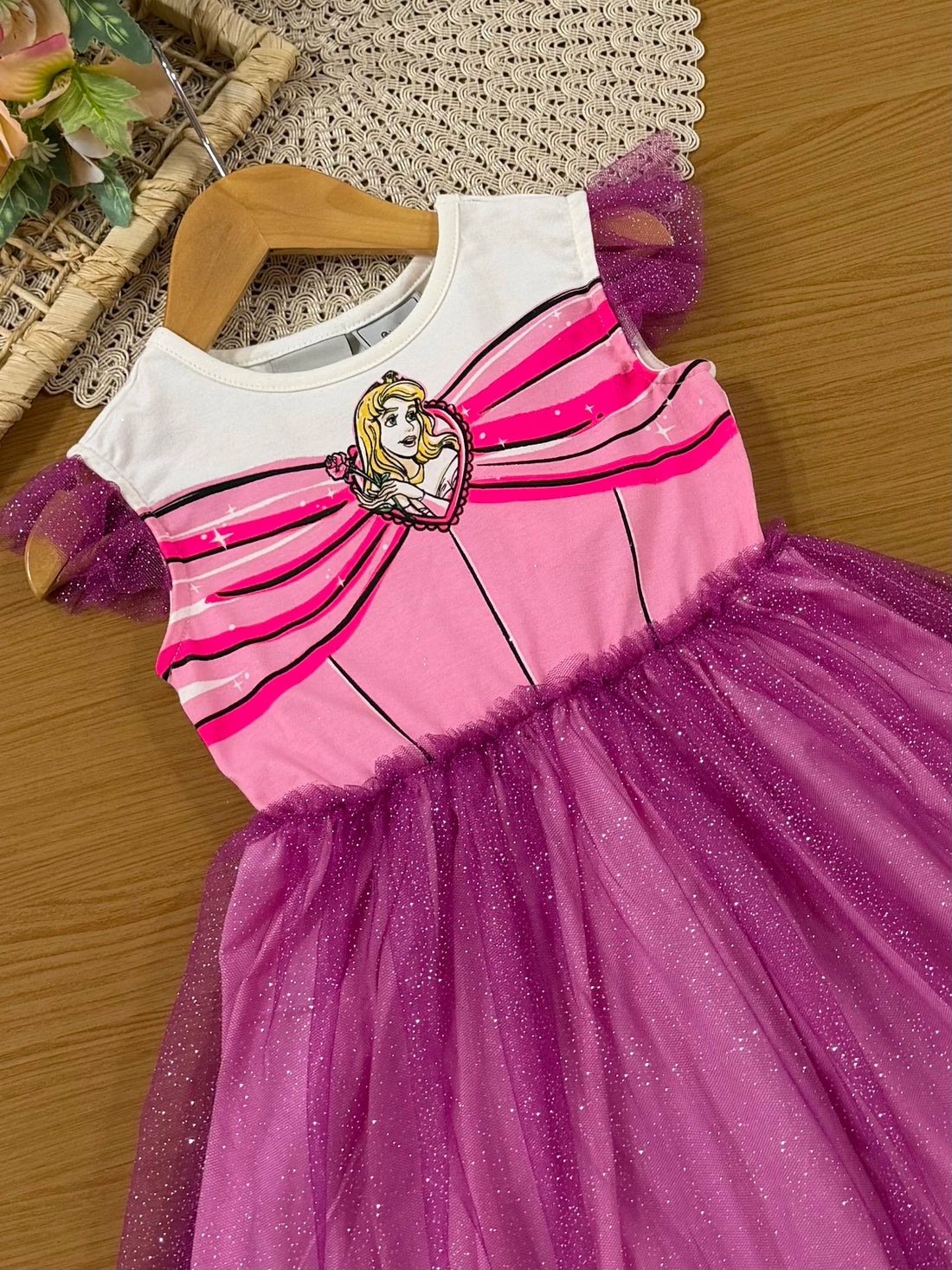 Vestido Infantil Bimbi Inverno com Tule e Brilho Rosa Aurora Disney