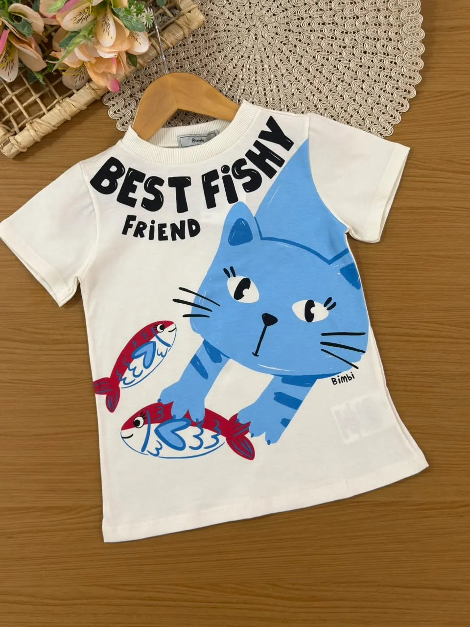 Conjunto Infantil Menina Bimbi Shorts Ciclista Azul e Blusa Cat and Fish