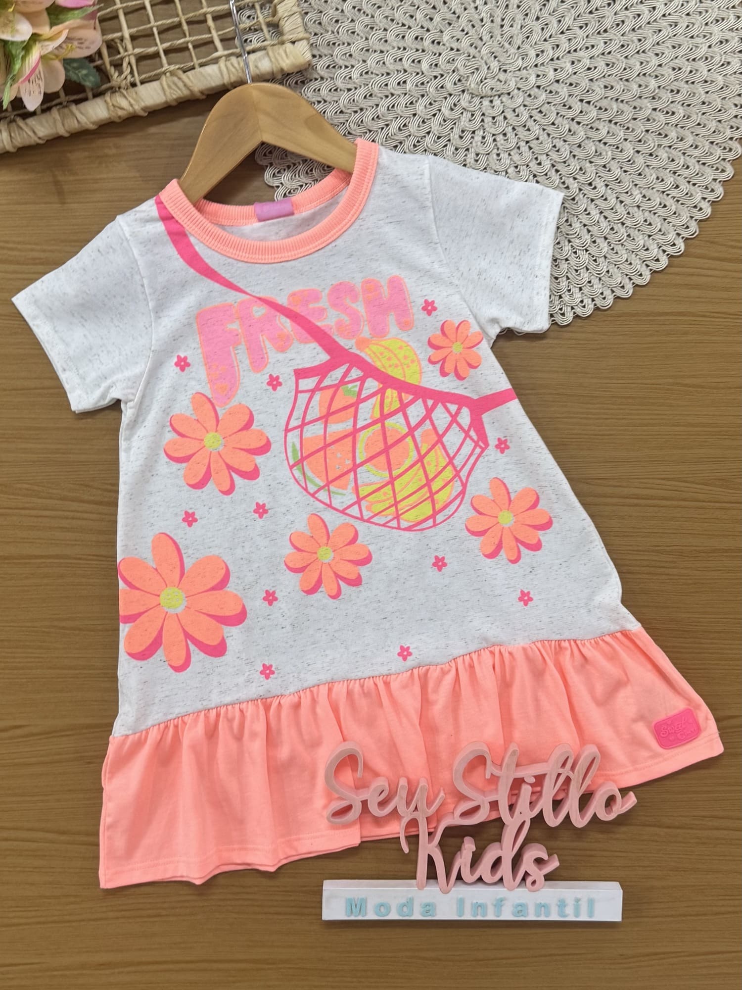 Vestido Infantil Cinti Verão Laranja Frutinha Fresh com Pulseira