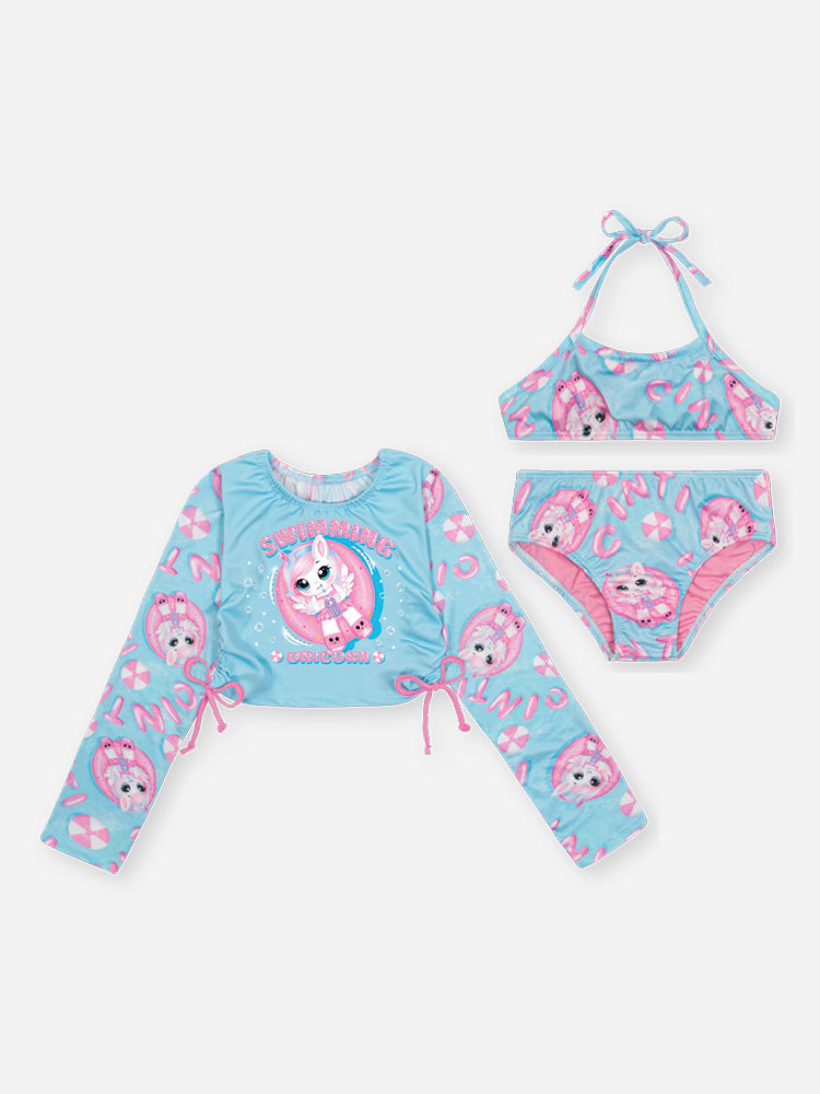 Biquíni Infantil Cinti Verão com Blusa Manga Longa Azul Unicórnio