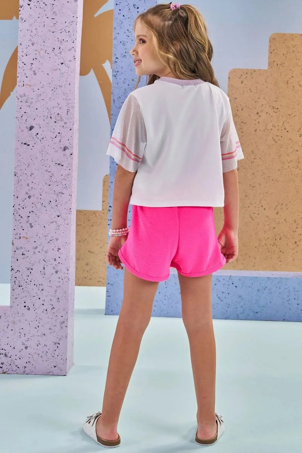 Conjunto Infantil Kukiê Verão com Shorts Rosa e Blusa Branca Summer
