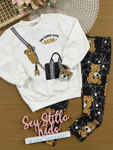 Conjunto Infantil Momi Inverno com Calça Prata e Moletom sem Flanela Branco Cute Bear