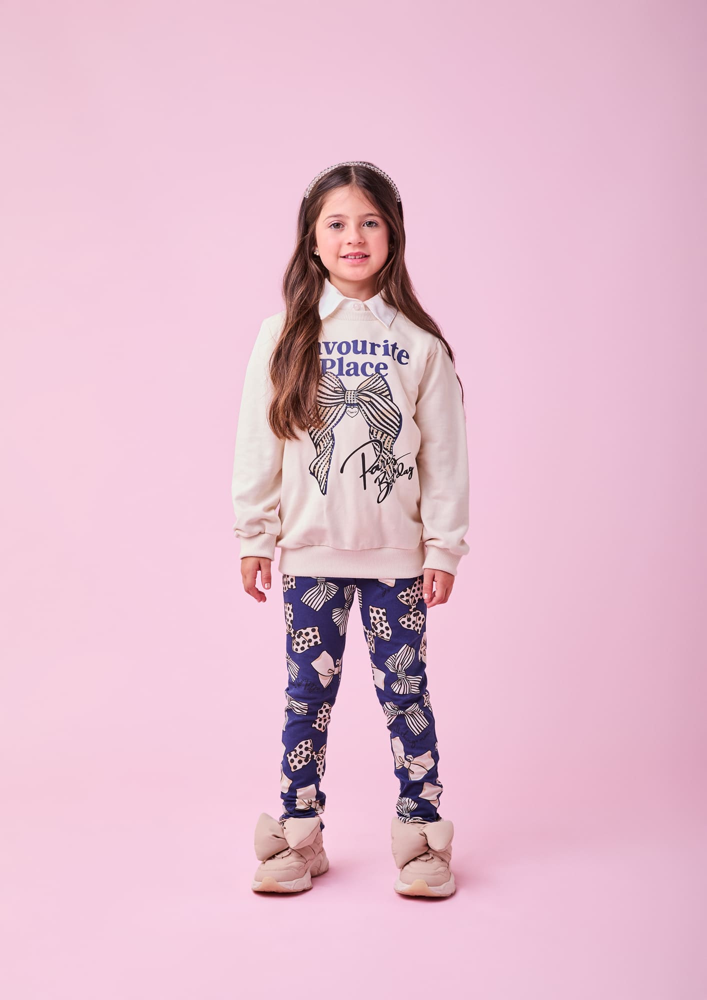 Conjunto Infantil Momi Inverno com Calça Azul e Moletom sem Flanela Bege Lacinho
