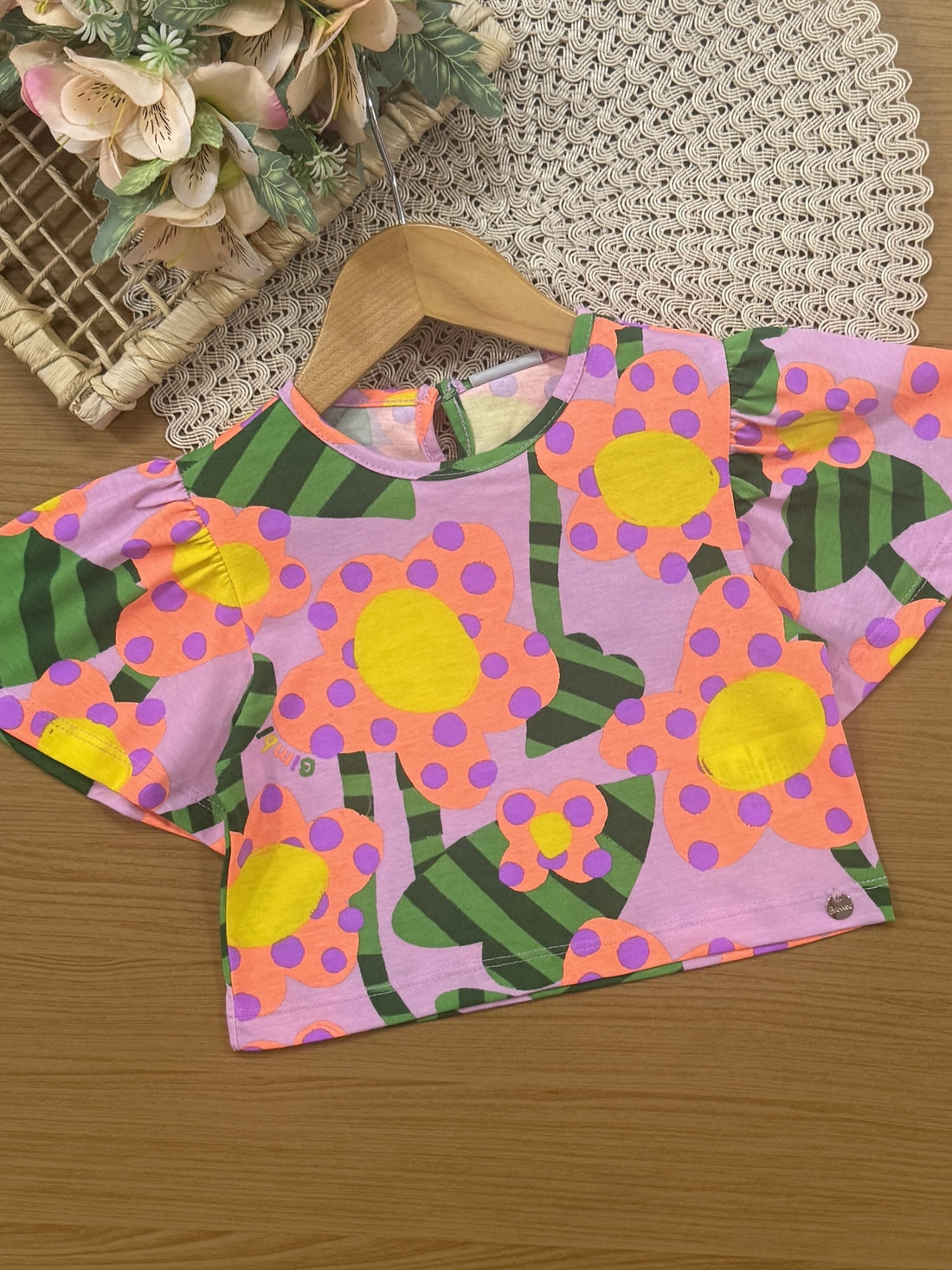 Conjunto Infantil Bimbi Verão com Shorts Saia e Blusa Rosa Florzinhas