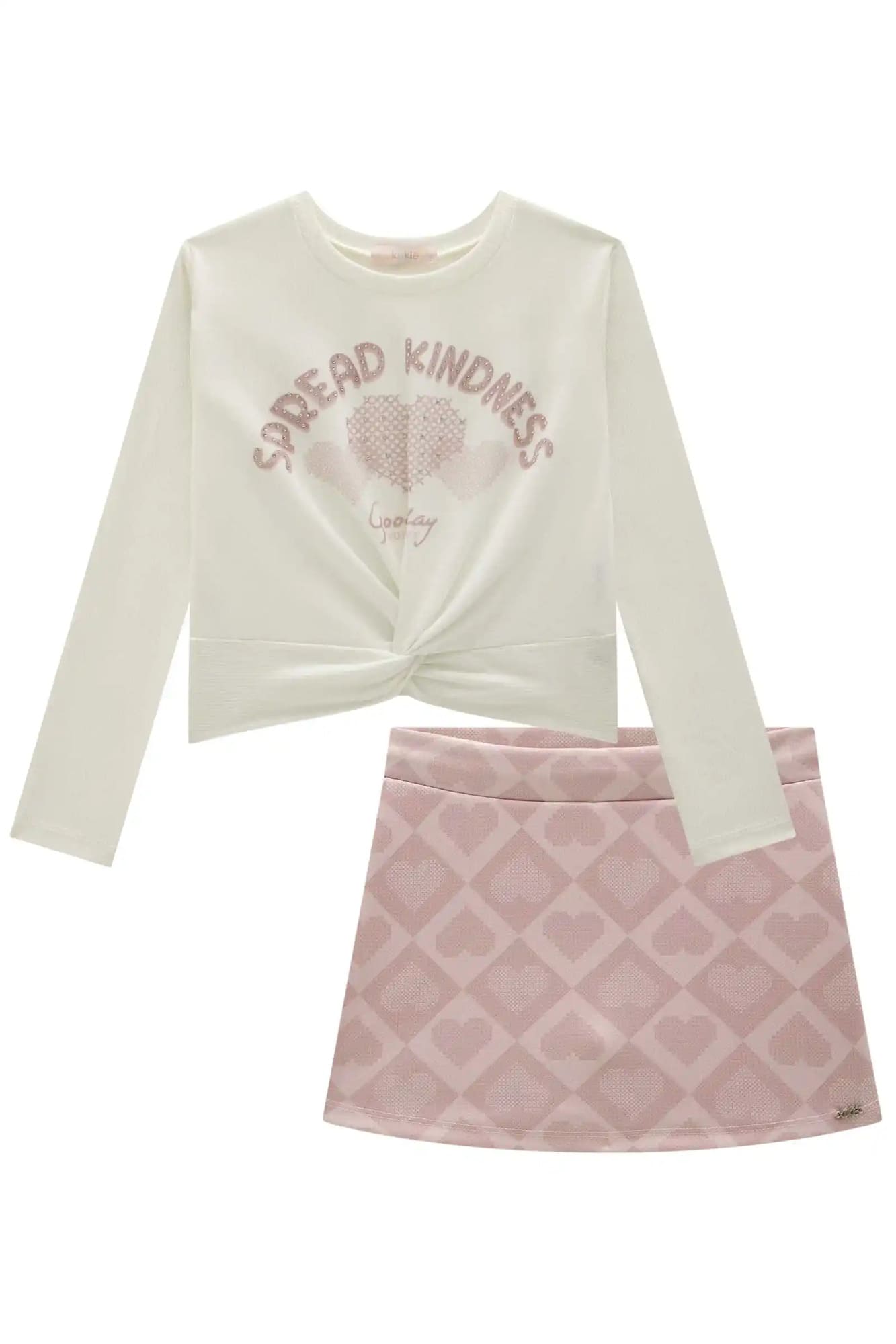 Conjunto Infantil Kukiê Inverno com Shorts Saia Rosa e Blusa Manga Longa Branca Corações