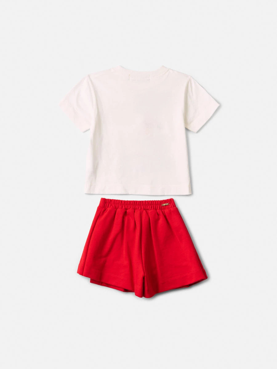 Conjunto Infantil Menina Animê com Shorts Saia Vermelho e Blusa Ursinho Pooh Disney