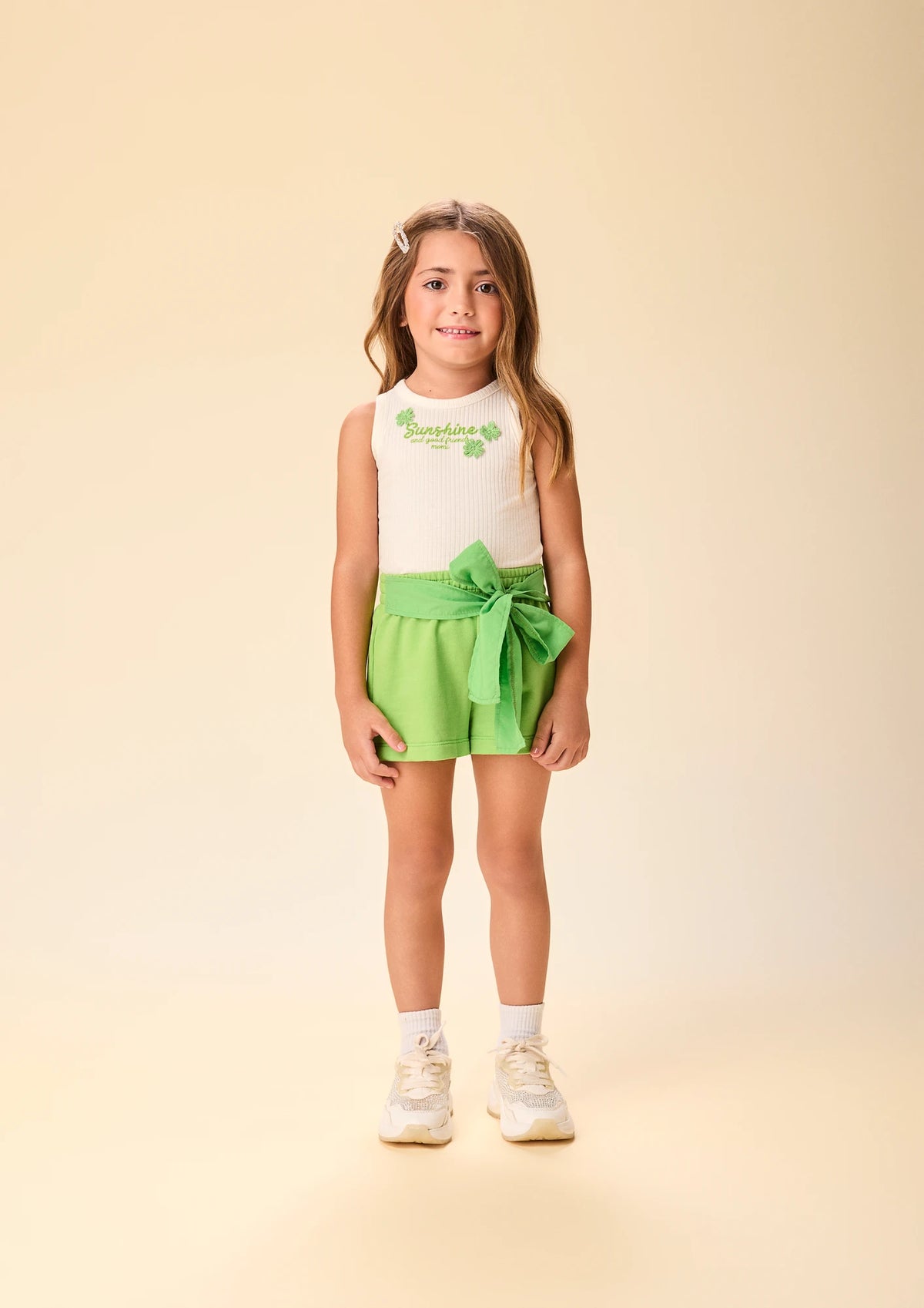 Conjunto Infantil Menina Momi, Shorts Verde com Lacinho e Regata Sunshine