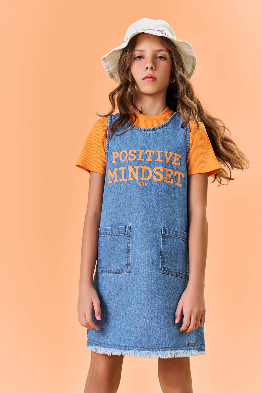 Conjunto Infantil Catavento Verão Blusa Canelado Laranja e Vestido Jeans