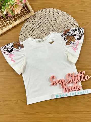 Blusa Infantil Menina Animê Branca Minnie com Strass