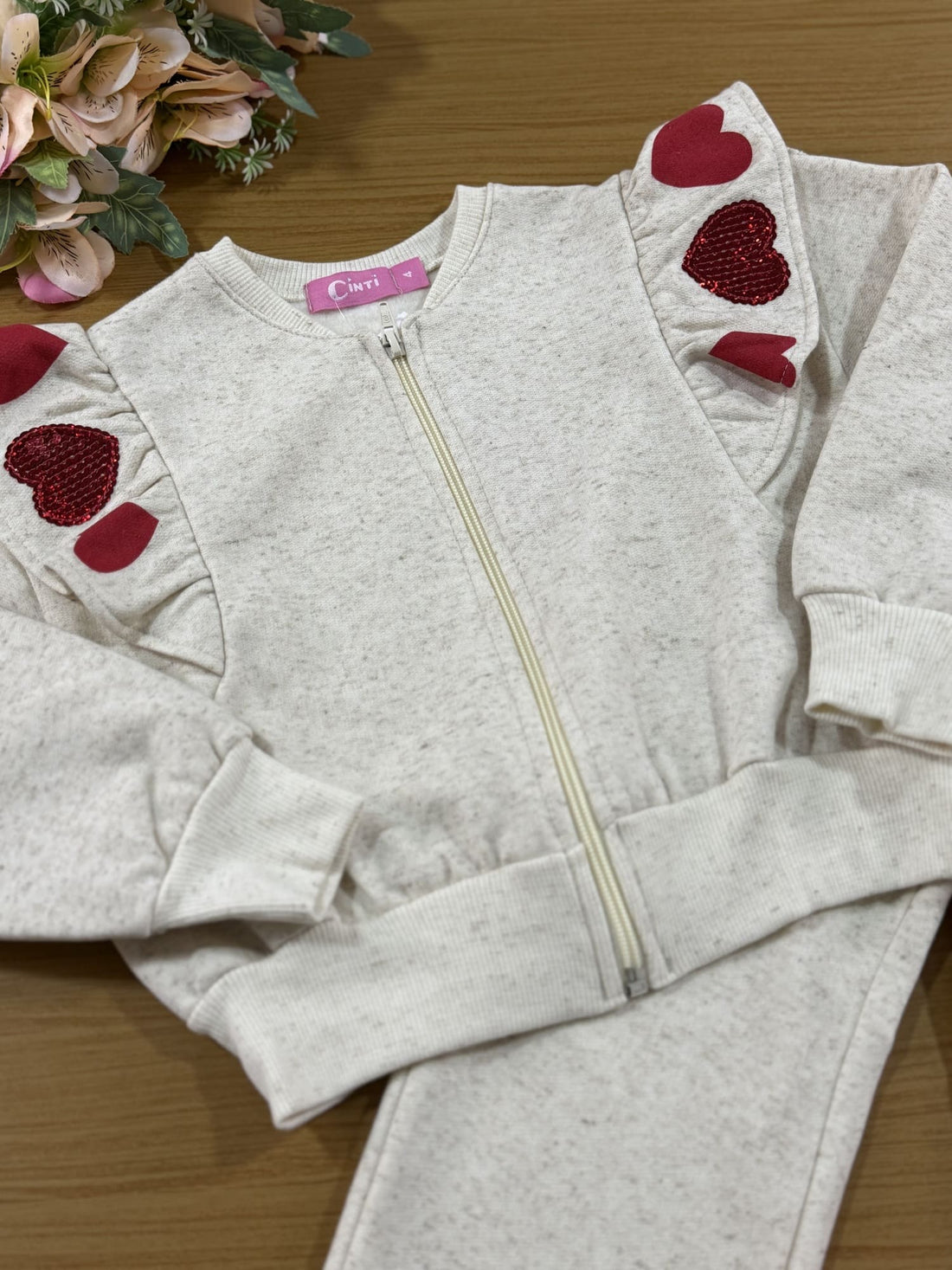 Conjunto Infantil Cinti Inverno Calça e Moletom Flanelado Corações