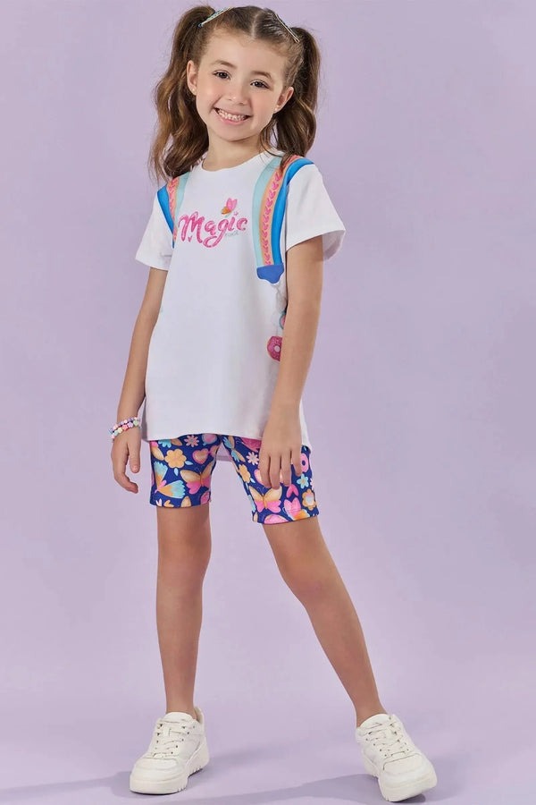 Conjunto Infantil Kukiê Verão com Shorts Ciclista Azul e Blusa Branca Ursinha Magic