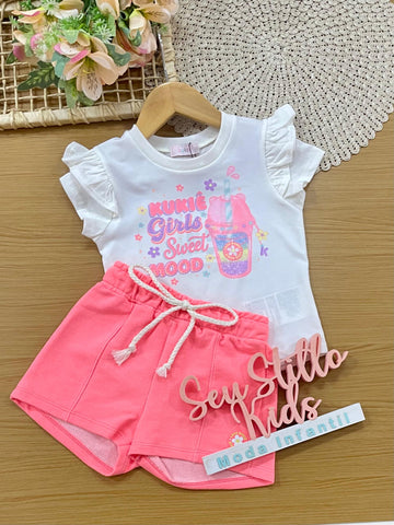 Conjunto Infantil Menina Kukiê com Shorts Rosa e Blusa Milk Shake