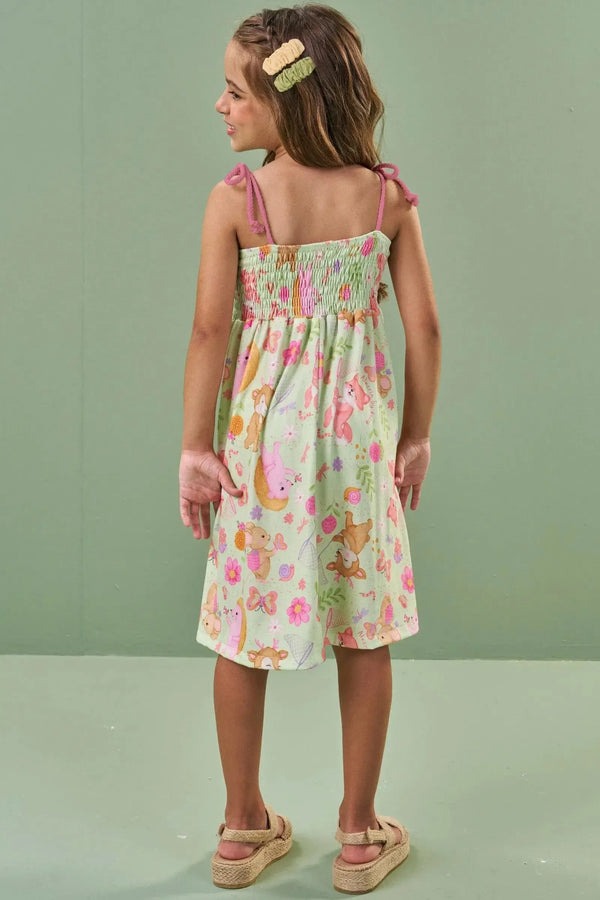 Vestido Infantil Kukiê Verão Verde Animais
