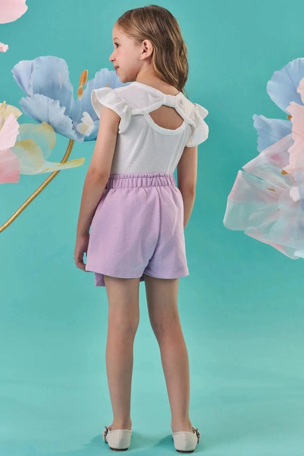 Conjunto Infantil Kukiê Verão com Shorts Saia Lilás e Blusa Branca Fadinha
