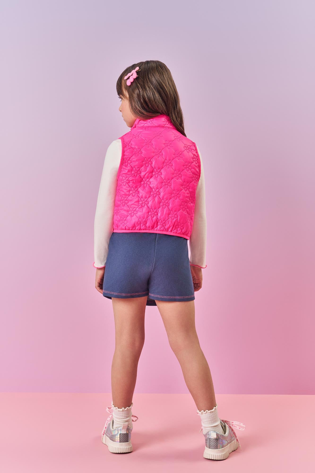 Conjunto Infantil Cinti Shorts Saia e Blusa Manga Longa com Colete Rosa Floral