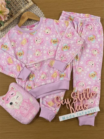 Pijama Infantil Cinti Inverno com Calça e Casaco Rosa Bichinhos