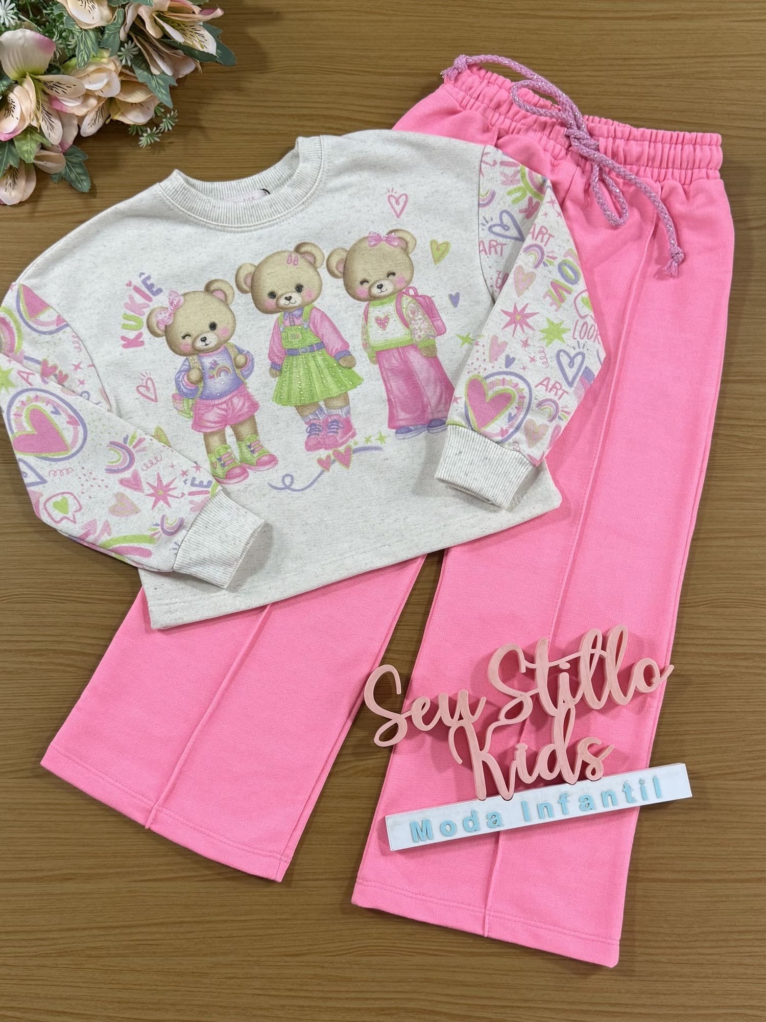 Conjunto Infantil Kukie Inverno Calça Wide Leg Rosa Casaco Ursinhos