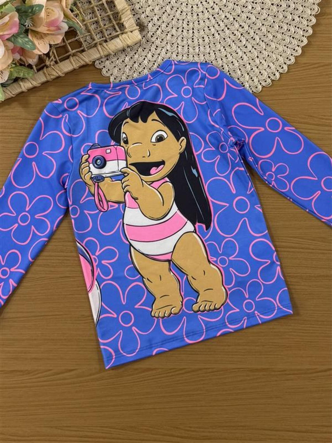Blusa Infantil Animê Verão Manga Longa Azul Stitch