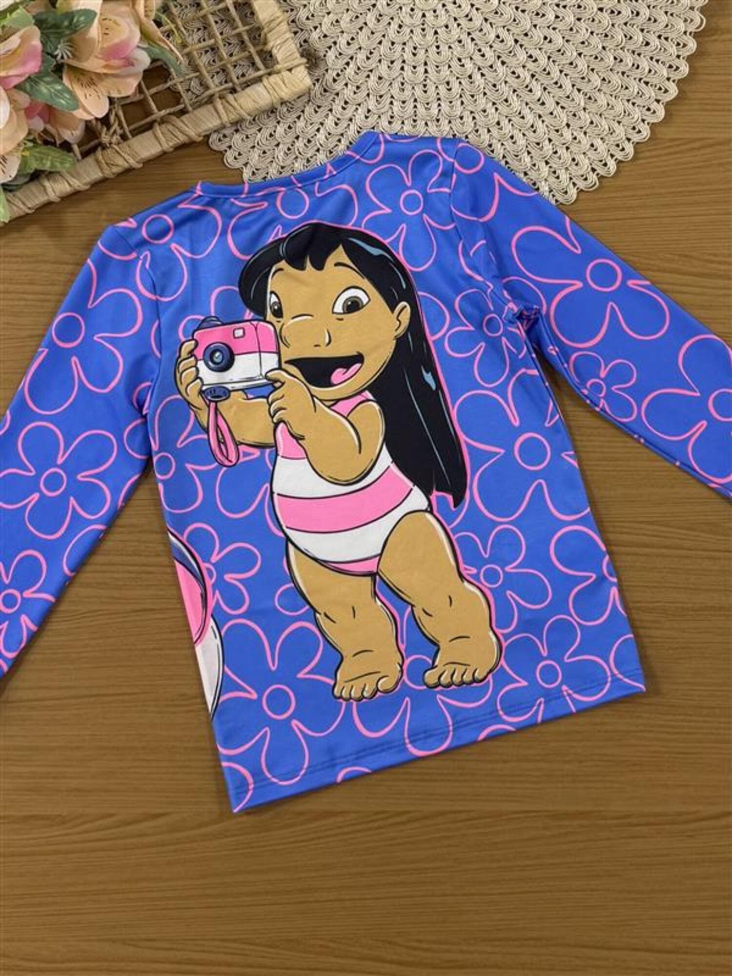 Blusa Infantil Animê Verão Manga Longa Azul Stitch