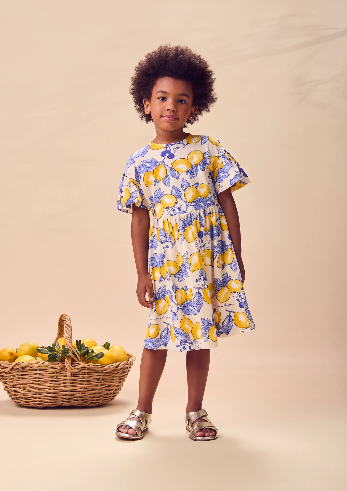 Vestido Infantil Animê Bege Minnie e Mickey Limoes Disney