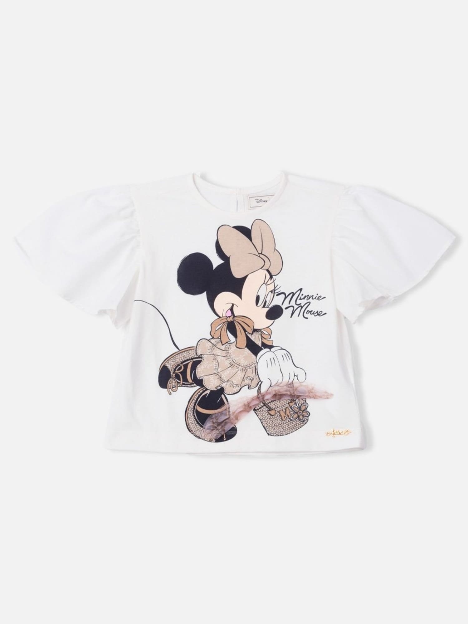 Conjunto Infantil Animê Verão com Saia Dourada em Tule e Blusa Branca Minnie com Laçinho Disney