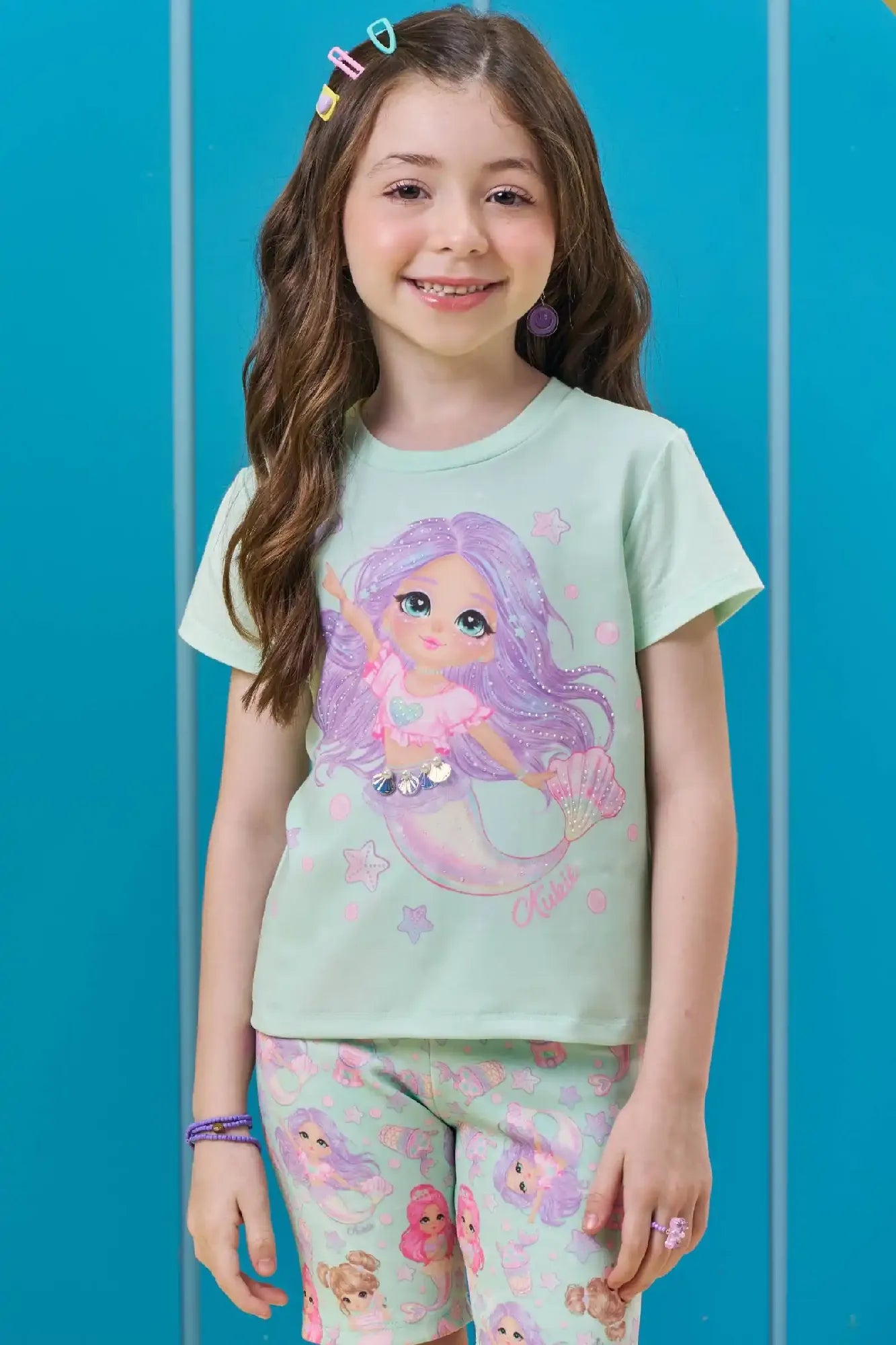 Blusa Infantil Menina Kukiê Verde Sereia Strass