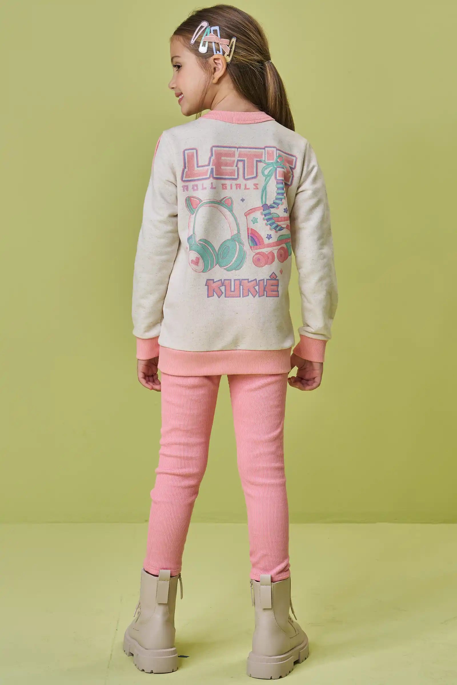 Conjunto Infantil Kukiê Inverno com Calça Legging Rosa e Moletom sem Flanela Patins