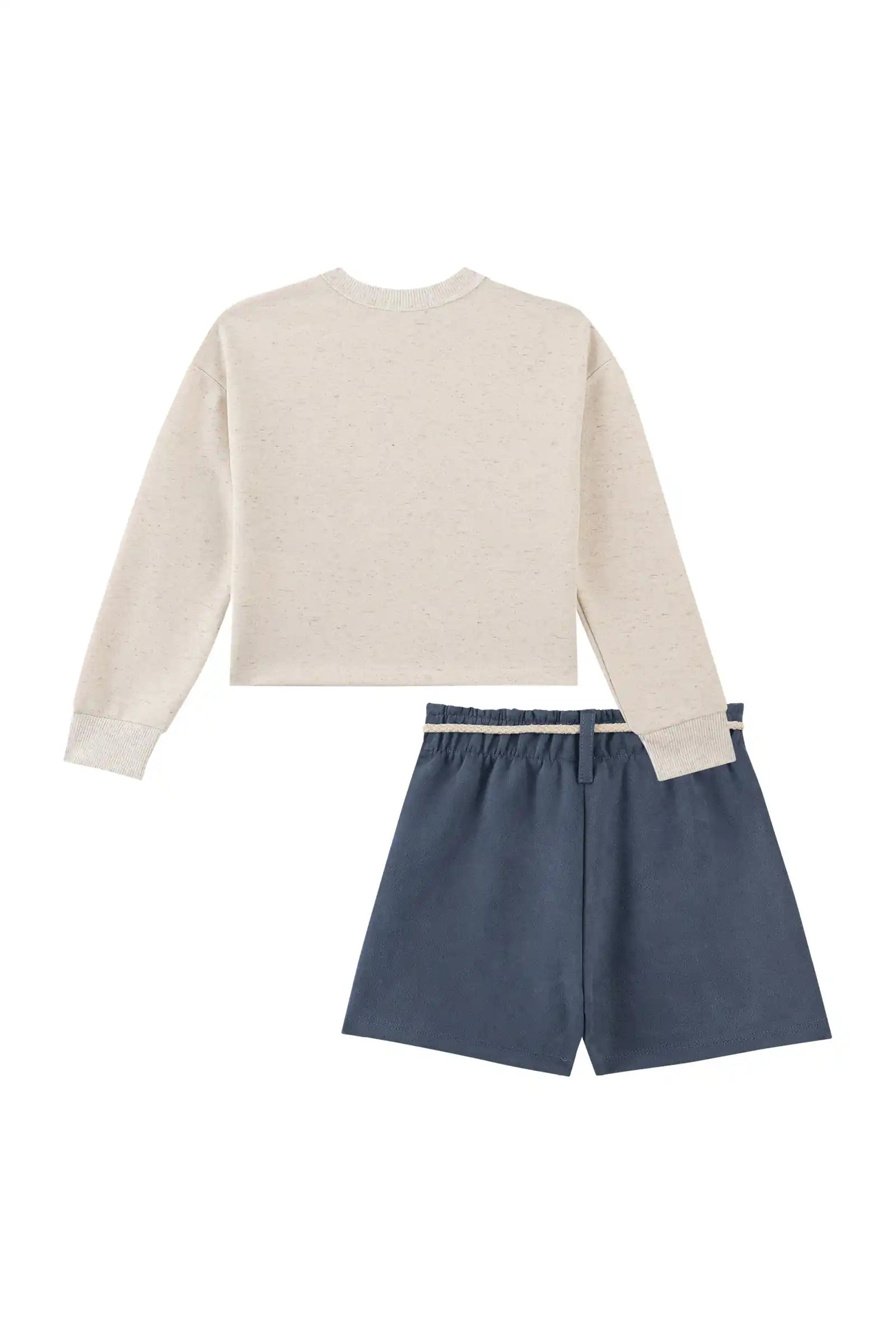 Conjunto Infantil Kukiê Inverno com Shorts Azul e Moletom sem Flanela Off White Ursinhos com Strass