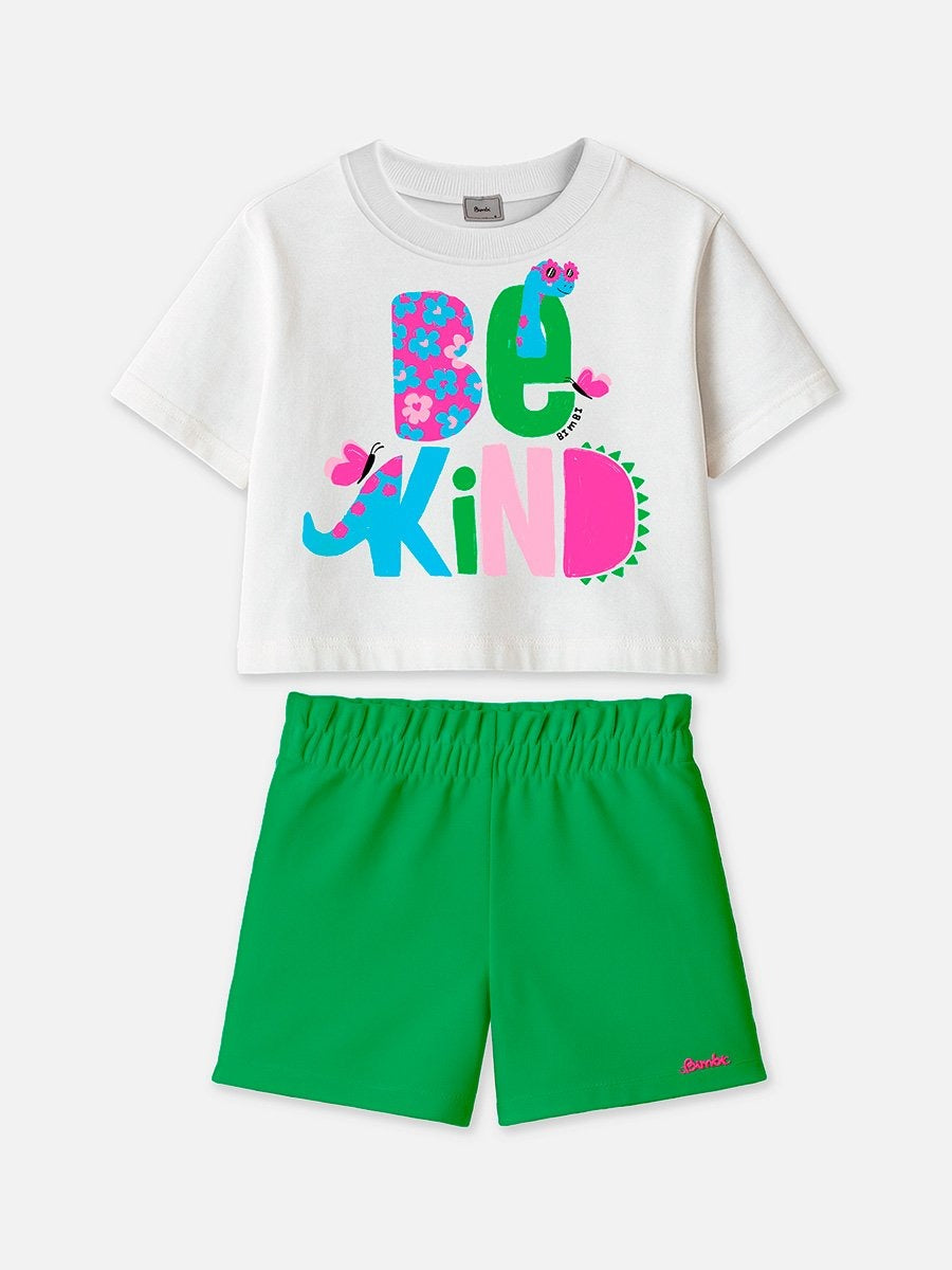 Conjunto Infantil Bimbi Verão com Shorts Verde e Blusa Branca Maçãzinha Be Kind