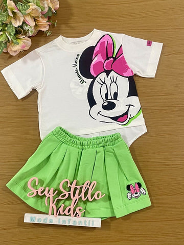 Conjunto Infantil Animê Verão Shorts Saia Verde e Blusa Minnie Disney