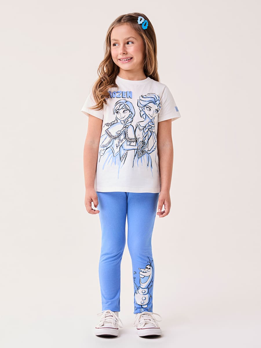 Conjunto Infantil Bimbi Inverno com Calça Legging Azul e Blusa Branca Frozen Disney