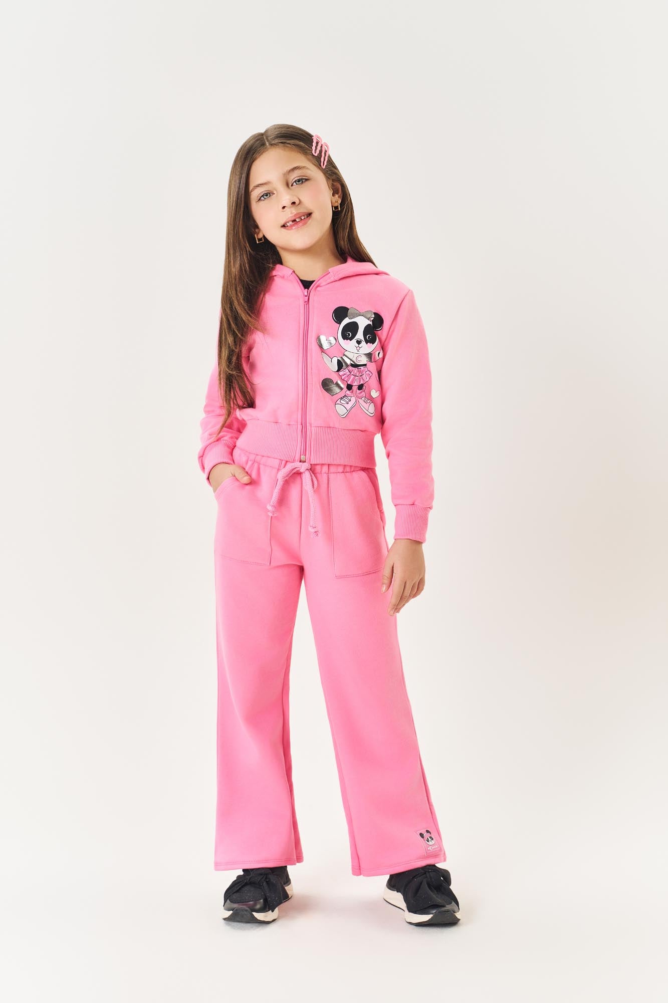 Conjunto Infantil Cinti Inverno Calça Wide Leg e Moletom Flanelado Rosa Panda