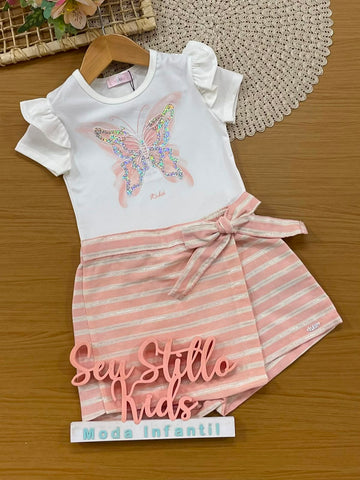 Conjunto Infantil Menina Kukiê com Shorts Saia Listrado e Blusa Branca Borboletinha