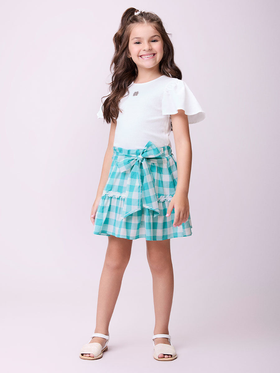 Conjunto Infantil Momi Verão Saia Xadrez e Blusa Branca