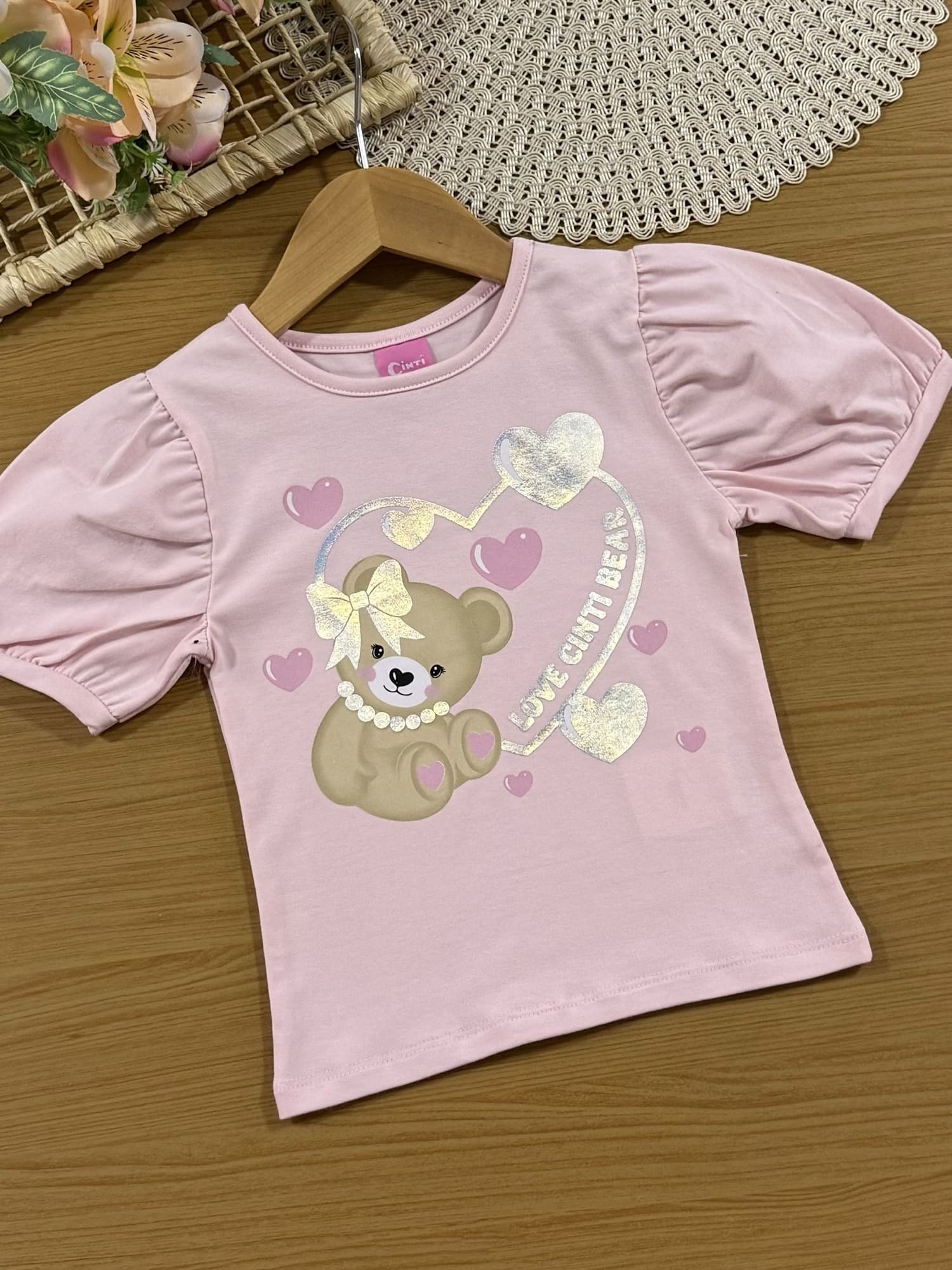 Conjunto Infantil Cinti Verão com Saia em Tule e Blusa Rosa Ursinha Love