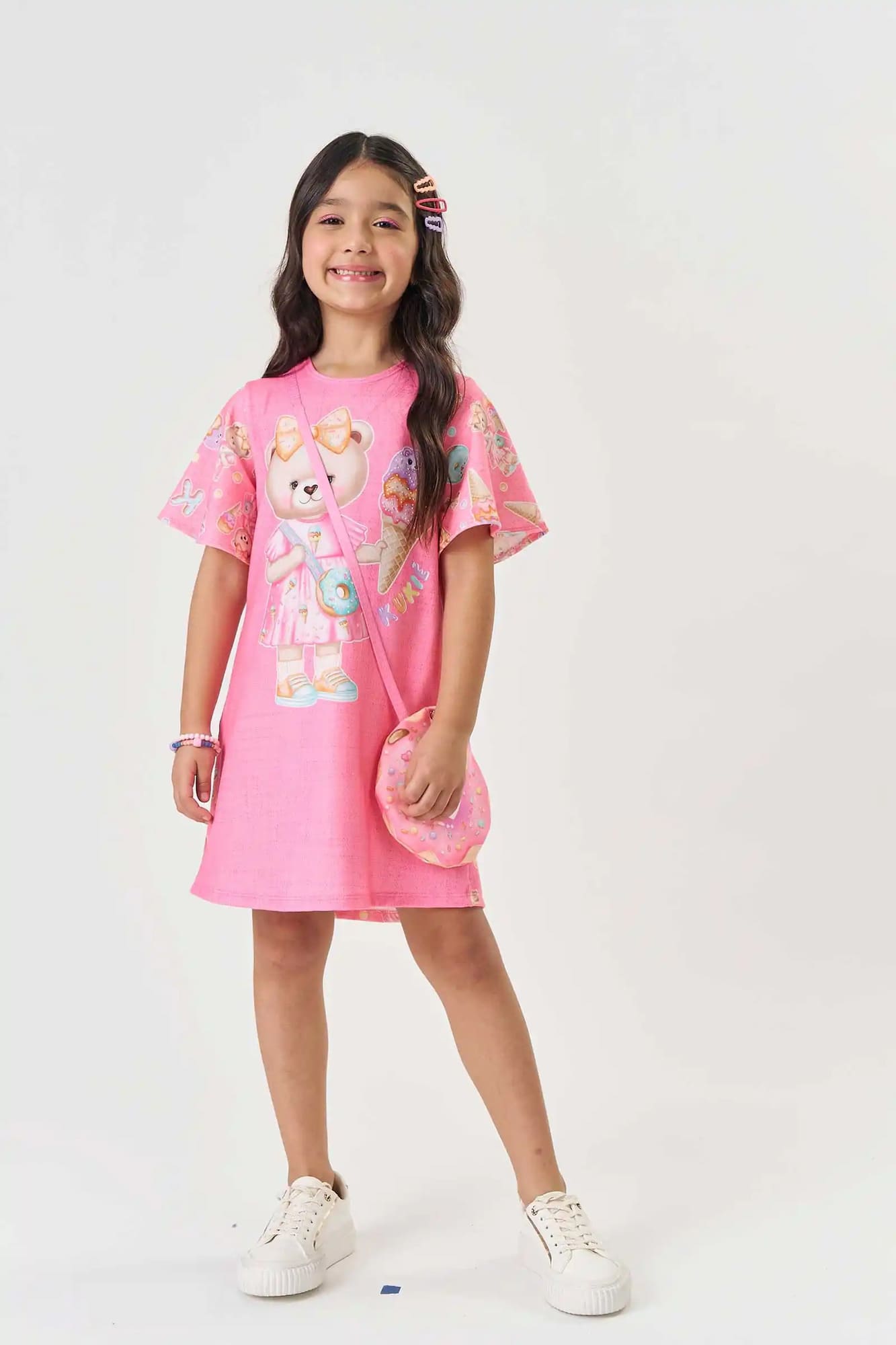 Vestido Infantil Kukiê Rosa Ursinha com Bolsinha