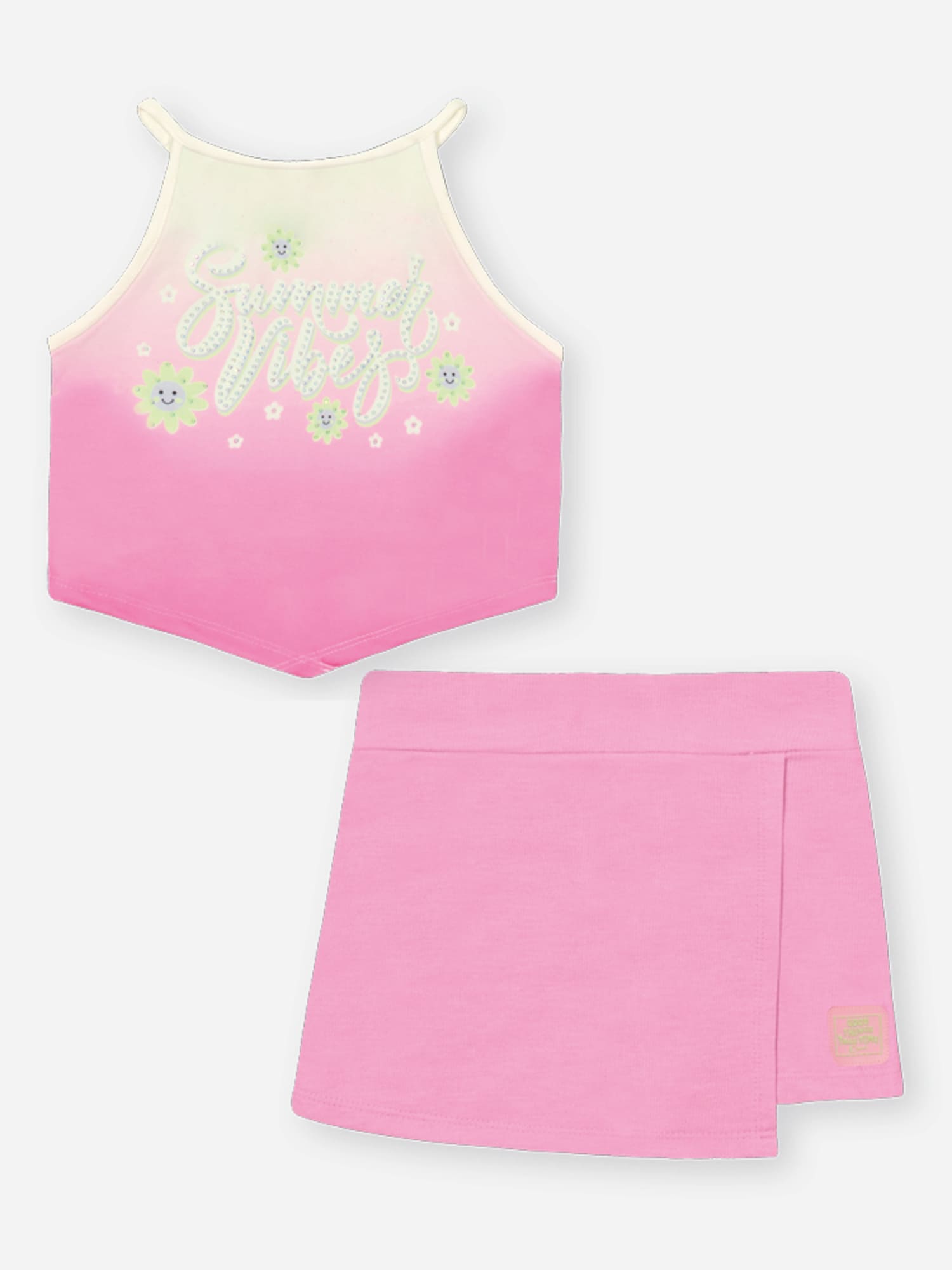 Conjunto Infantil Cinti Verão com Shorts Saia e Blusa Rosa Florzinha com Strass