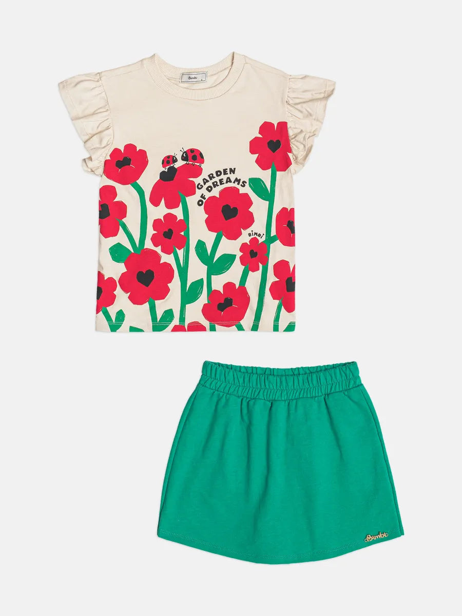 Conjunto Infantil Menina Bimbi Shorts Saia Verde e Blusa Bege Jardim