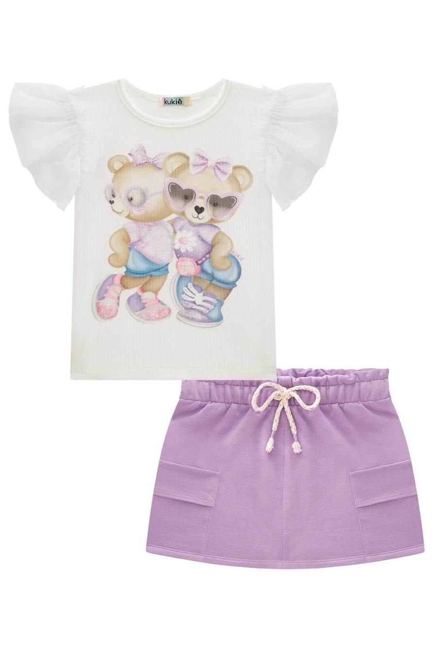 Conjunto Infantil Kukie Verão Shorts Saia Lilás e Blusa Ursinha