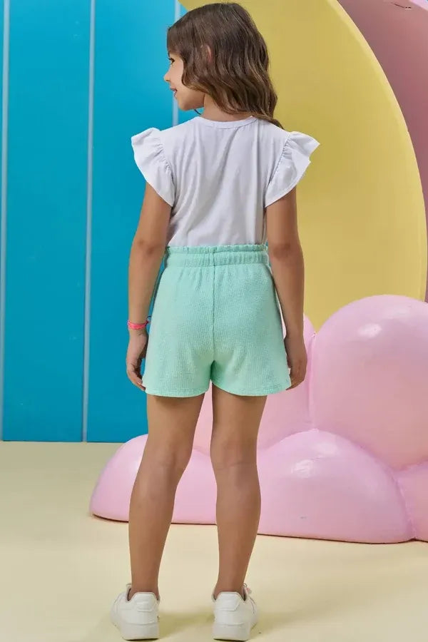 Conjunto Infantil Menina Kukiê com Shorts Verde e Blusa Gatinha Happy