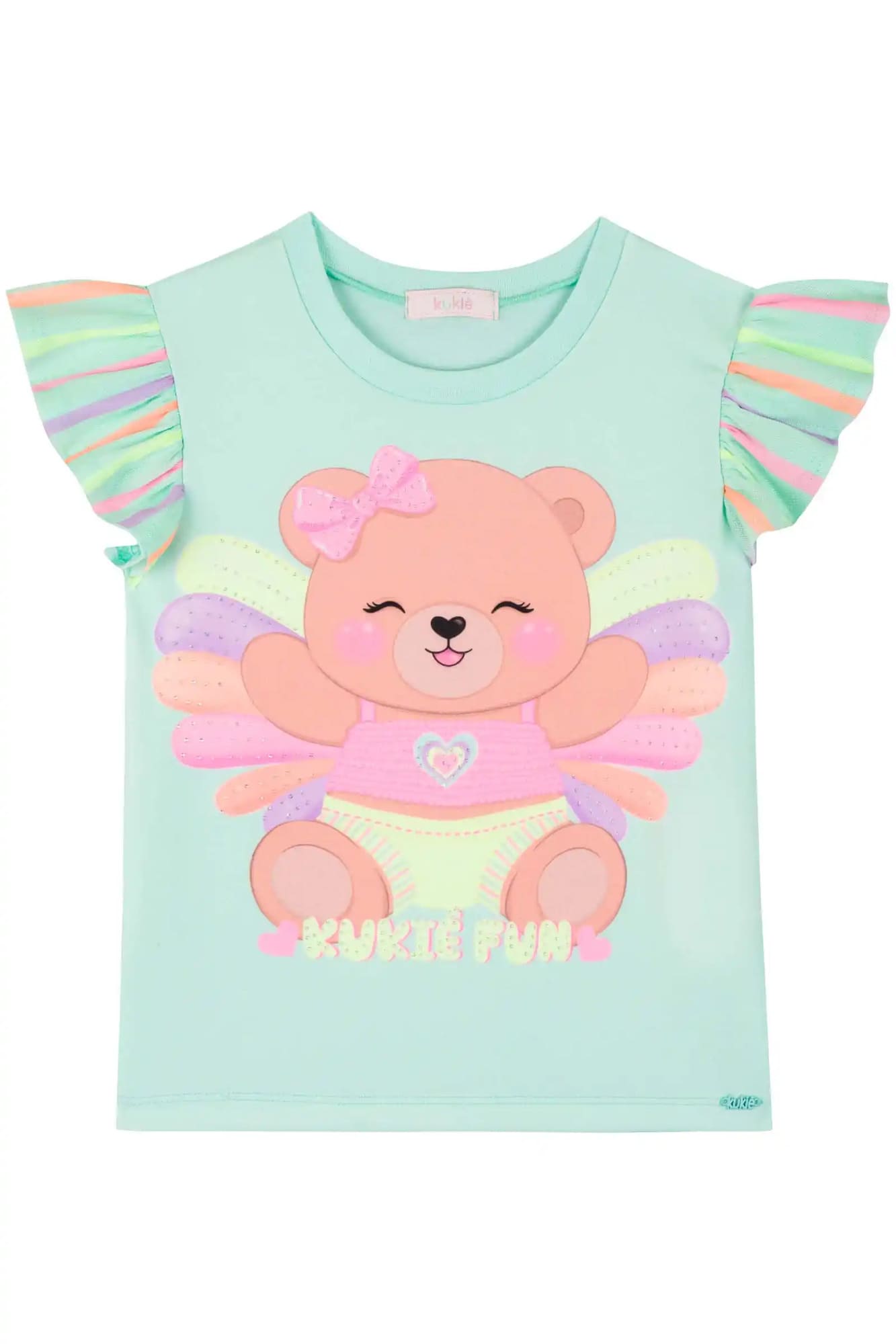 Blusa Infantil Kukiê Verão Verde Ursinha Arco-íris com Strass