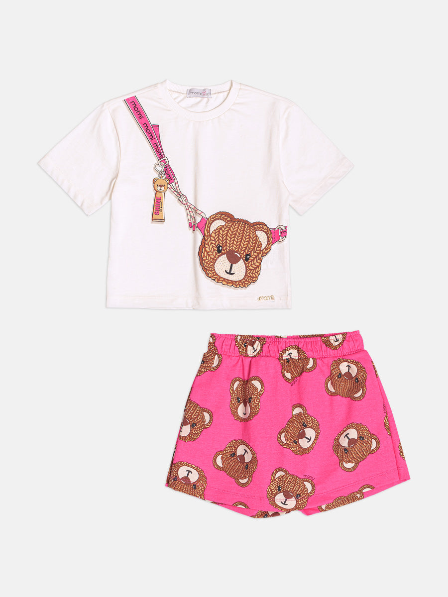 Conjunto Infantil Momi Inverno com Shorts Saia Rosa e Blusa Manga Curta Ursinha Bolsinha