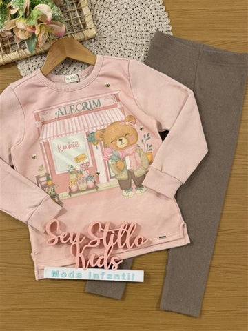 Conjunto Infantil Kukiê Inverno com Calça Legging Marrom e Moletom Flanelado Ursinha Floricultura