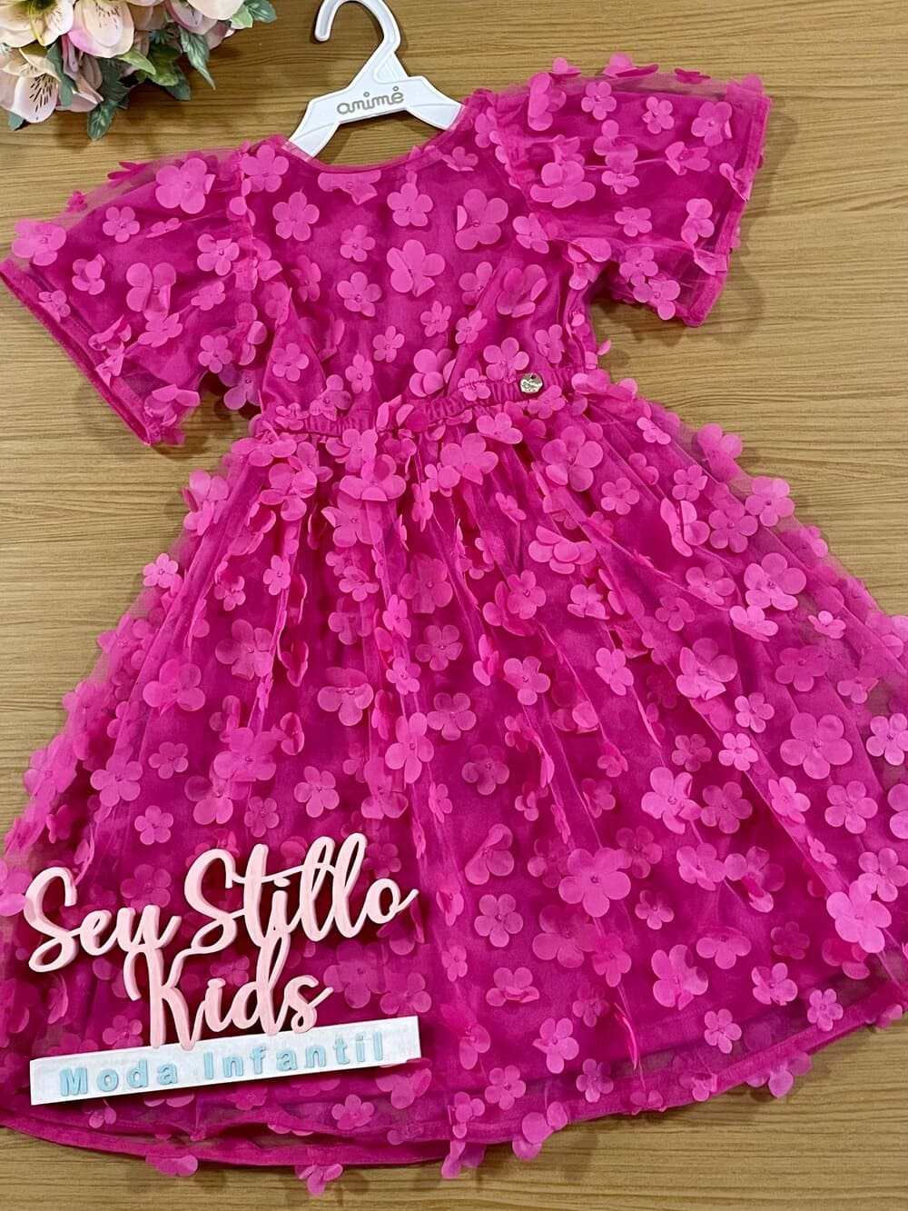 Vestido Infantil Animê Verão Tule Rosa Flores 3D